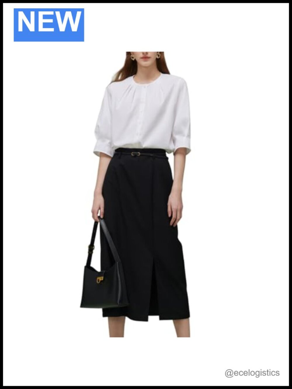 Two-Piece Skirt Set with 3/4 Sleeve Cotton Shirt & Front Slit Skirt, Office Wear